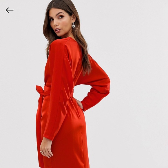 ASOS design satin midi dress with batwing sleeve and wrap waste - Picture 2 of 7